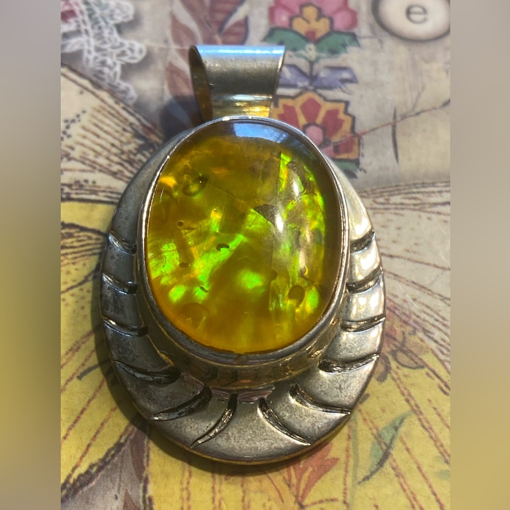 Vintage BEST Signed Silver-Tone Oval Fire Opal Glass Statement Pendant